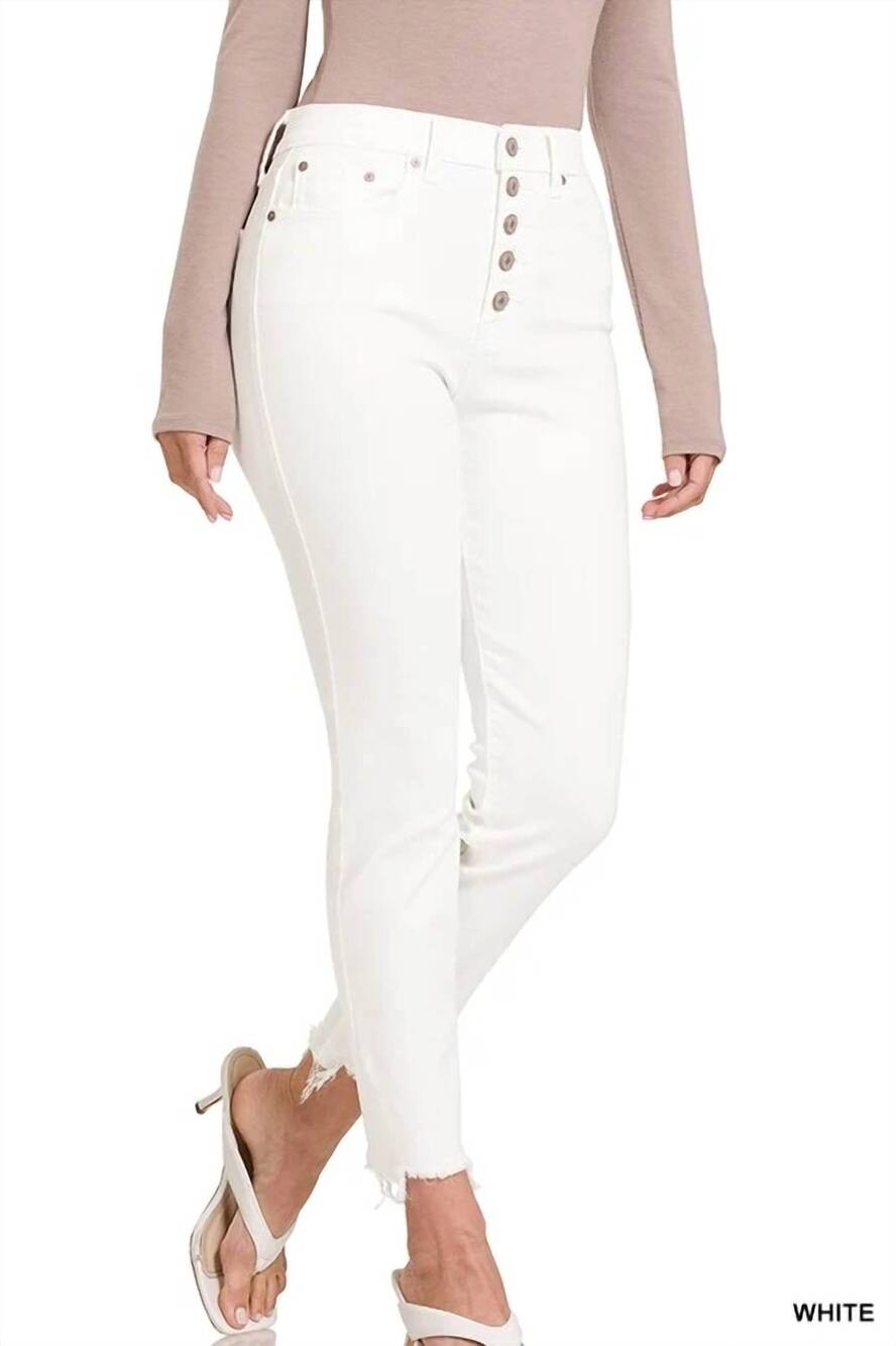 NEW ZENANA button fly raw hem jean in white